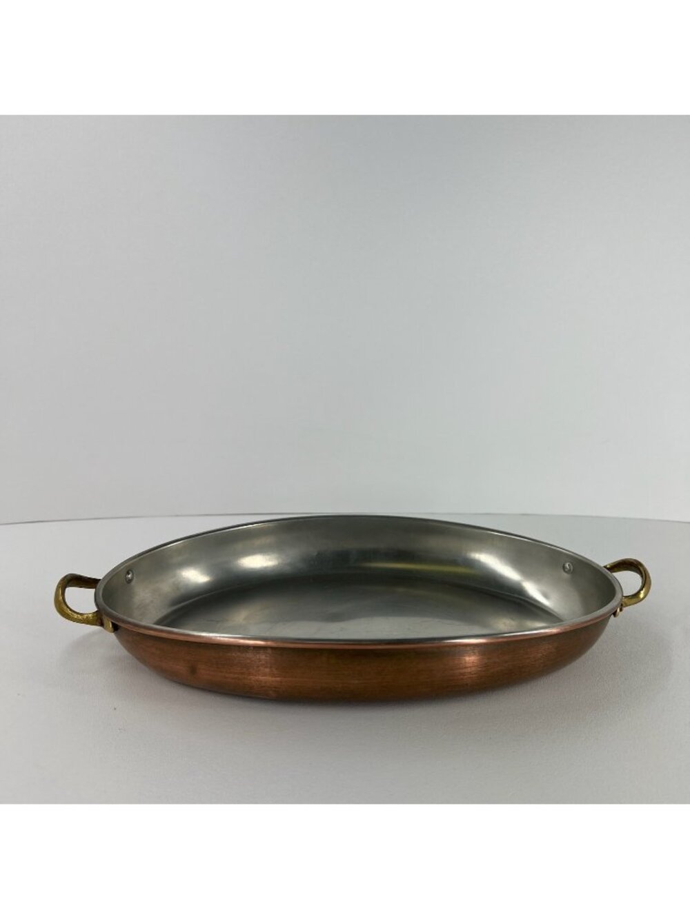 Vintage Copper Oval Gratin Pan Brass Handles Stainless Steel Lined Baking Dish